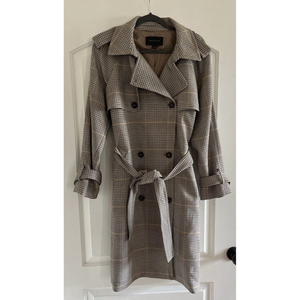 Ann Taylor Plaid Trench Coat Size L Belted Double-Breasted Button Tab Cuffs